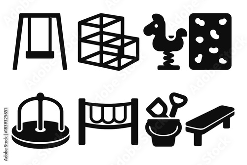 Playground Icons Set. Playground Essentials silhouette set: swing seat, jungle gym, spring rider, climbing wall panel, merry-go-round disk, rope bridge, sandbox tools, outdoor