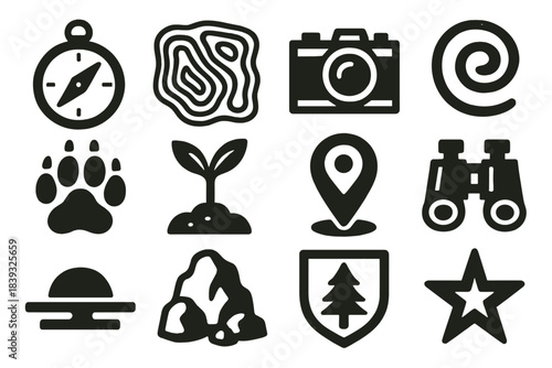 Outdoor Icon Set. Outdoor Discovery Tools silhouette set: pocket compass, topo lines, field camera, wind swirl, wildlife footprint, plant sprout, campsite marker, binoculars,