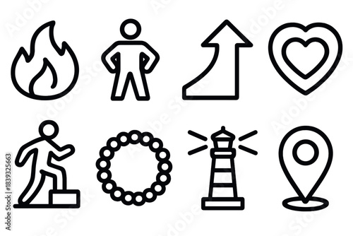 Symbols of Courage. Courage Concept Set linear set: bold flame icon, steady stance, rising arrow, strong heart ring, fearless step tile, resilience bead, guiding light beam,