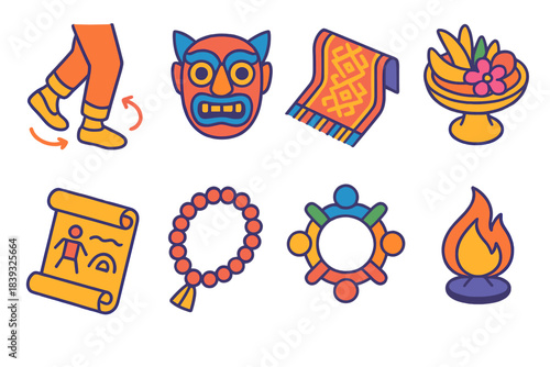 Cultural Practice Icons. Cultural Practice Set isometric flat set: folk dance step, crafted mask, woven cloth, offering tray, story scroll, ceremonial bead string, community emblem