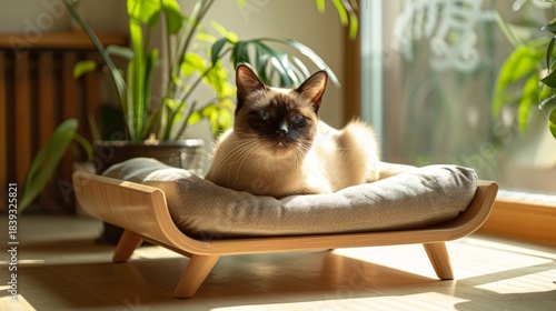 Cozy cat bed with a wooden frame and soft cushion, placed in a sunny spot surrounded by indoor plants, ideal for relaxation
