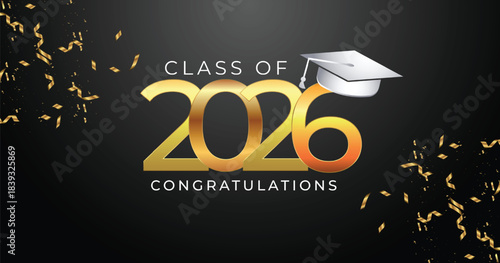 Premium Black and Gold Class of 2026 Graduation Banner with Golden Confetti