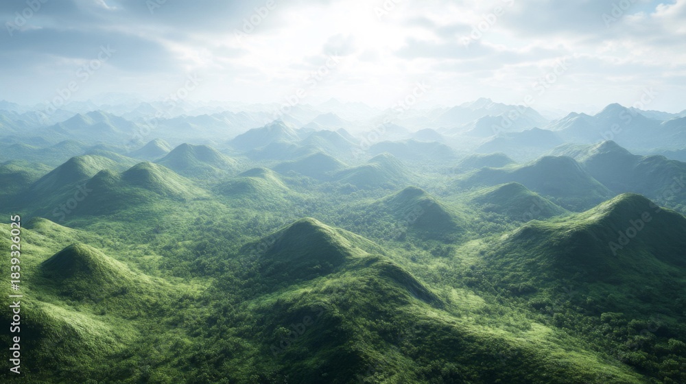 Naklejka premium Lush Green Rolling Hills Landscape Under a Cloudy Sky