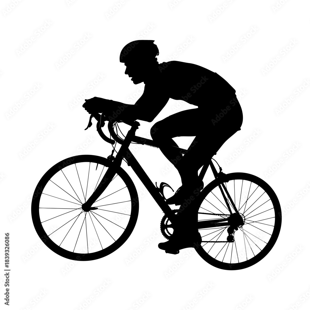 Fototapeta premium Dynamic silhouette of a cyclist racing on a road bike against a white background, symbolizing speed, fitness, and healthy lifestyle for athletic brands