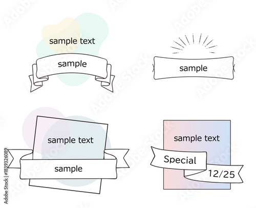パステルカラーの抽象的な背景あしらいと手描きの線画で描かれたリボンとフレームのセット、タイトル見出しや広告のアクセント用ベクターイラスト