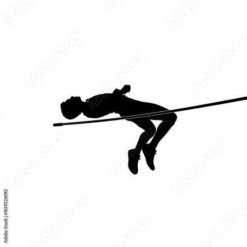 Silhouette of an athlete clearing the bar in a high jump competition, demonstrating power, strength, and determination against a clean white backdrop