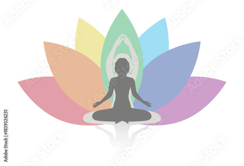 A woman is meditating against the background of a lotus in the colors of the seven chakras.eps