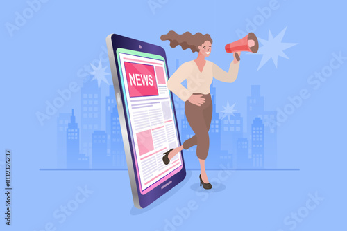 Woman holding megaphone broadcasting from giant smartphone news app screen. Concept of digital journalism report, online media announcement, mobile public relations alert, and breaking news update.