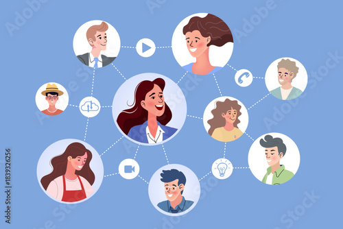 Happy woman connecting with diverse people network via video and cloud icons. Concept of social media community, remote team collaboration, digital communication hub, and global leadership.