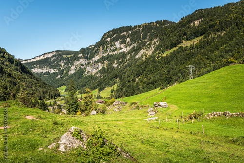Alpine landscape with rolling green hills and  forested mountains in Bisistal valley, Bisisthal, Canton of Schwyz, Switzerland