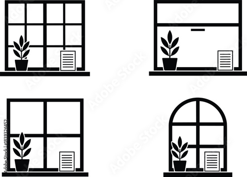 Vector set of black window icons, home interior design silhouettes with potted plants, architecture symbols for office, house decoration elements.