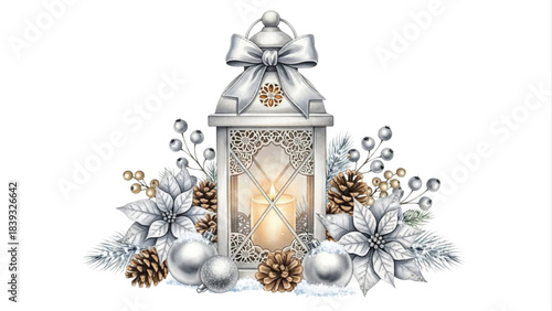 Silver Christmas Lantern with Winter Poinsettia Floral Arrangement Watercolor Illustration