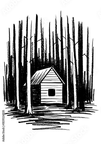 Monochrome hand-drawn ink illustration featuring a secluded small wooden cabin surrounded by tall abstract trees in a dense wilderness landscape