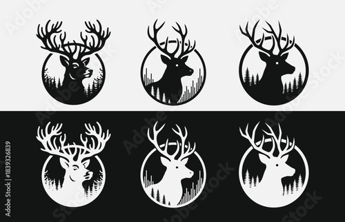 Vector deer head portraits silhouette on white background