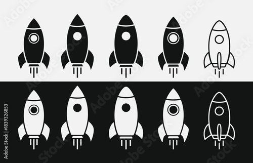 Set of five different rocket ship silhouettes on white background, EPS