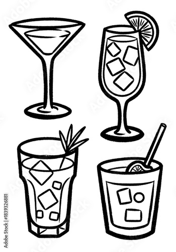 Four stylized alcoholic drink glasses, retro hand-drawn ink texture, featuring classic cocktails, martini, and tall drinks with ice and garnish, monochrome sketch