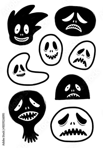 Black and white scary monster faces set, distressed grunge texture, spooky funny creatures and sad ghoul masks for Halloween decoration