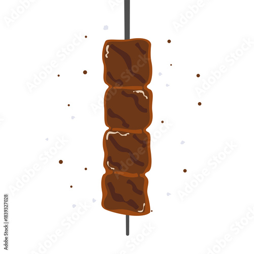 Grilled Meat Skewer. Delicious grilled meat on a stick vector illustration. BBQ beef or pork skewer with seasoning in flat design style, isolated on white background. Perfect for food menus and icons.