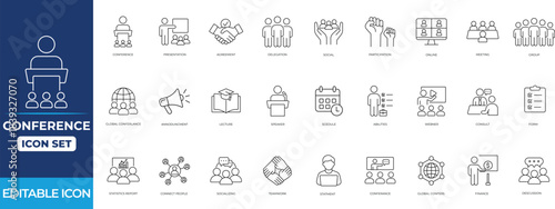 Conference line icon set showcasing meeting, presentation, teamwork, collaboration, seminar, report, stage, planning, talk, and business communication symbols for corporate design.