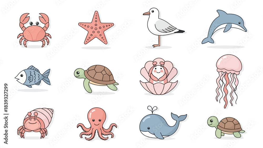 Obraz premium Cute Kawaii Pastel Sea Ocean Animals Characters Icons Set