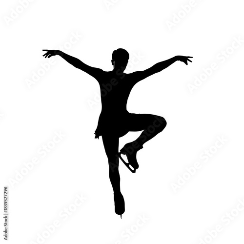 Elegant figure skater silhouette performing graceful pose on ice, dynamic movement and artistic expression in black and white for dance or sports concept