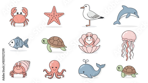 Cute Kawaii Pastel Sea Ocean Animals Characters Icons Set