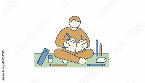 A serene moment where an artist is sketching in a notebook surrounded by tools like rulers pencils and erasers.