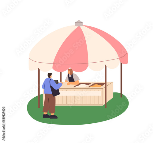 Customer buys takeaway food in kiosk outdoors. Seller at stall counter sells ice cream, snacks to buyer in park. Summer fastfood festival. Flat isolated vector illustration on white background.