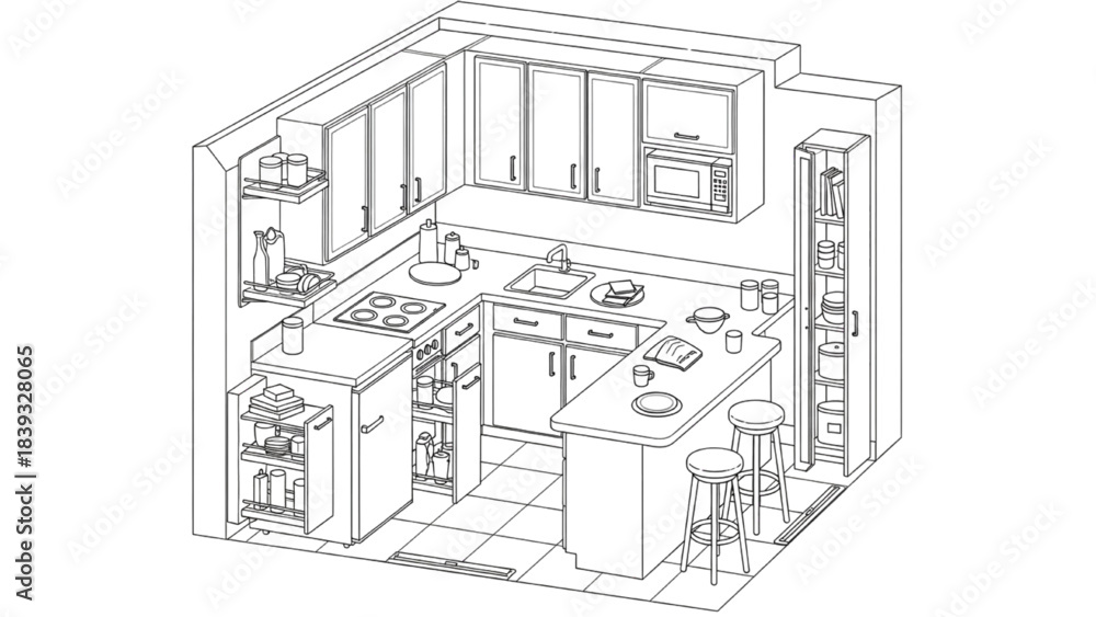 Fototapeta premium High-quality black line art of a compact small-apartment kitchen floor plan with efficient corner storage, modern interior layout design