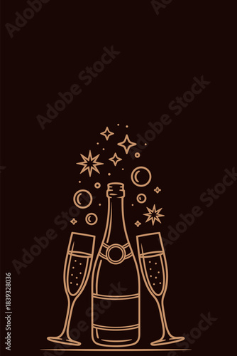 Sparkling wine bottle and flutes with stars and bubbles in gold line art on dark burgundy background