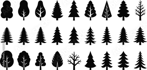 Collection of various tree silhouettes including deciduous and conifer shapes, minimalist forest icons for design, landscaping graphics, nature themes, and illustration projects