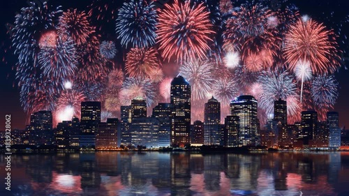 Fireworks lighting up the city skyline over the river at night