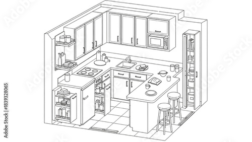 High-quality black line art of a compact small-apartment kitchen floor plan with efficient corner storage, modern interior layout design