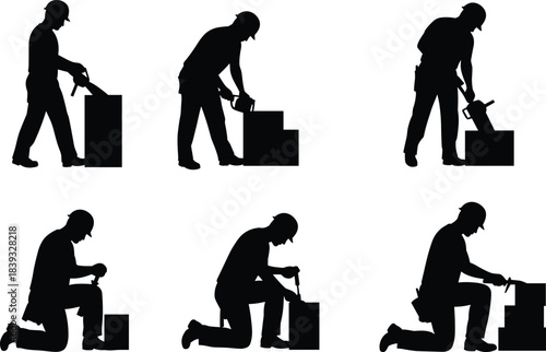 Construction silhouettes, carpentry workers, manual labor, woodworking tools, hammer and saw, workplace safety, industrial labor, building site, teamwork concept, occupational safety, craftsmanship