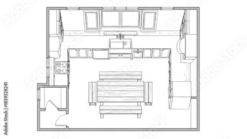 High-quality black line art of a farmhouse-style kitchen floor plan with wide counters and a central rustic table, country interior layout design