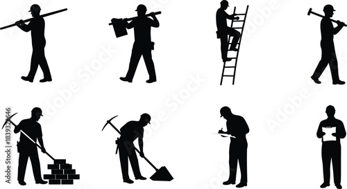Construction worker silhouettes, manual labor, carrying beam, ladder climbing, shoveling, pickaxe work, planning, clipboard inspection, occupational safety, building site, craftsmanship, teamwork