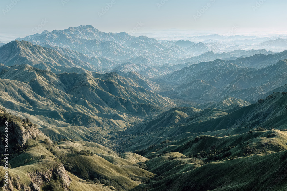 Fototapeta premium Scenic aerial view of rolling green hills and distant mountain range