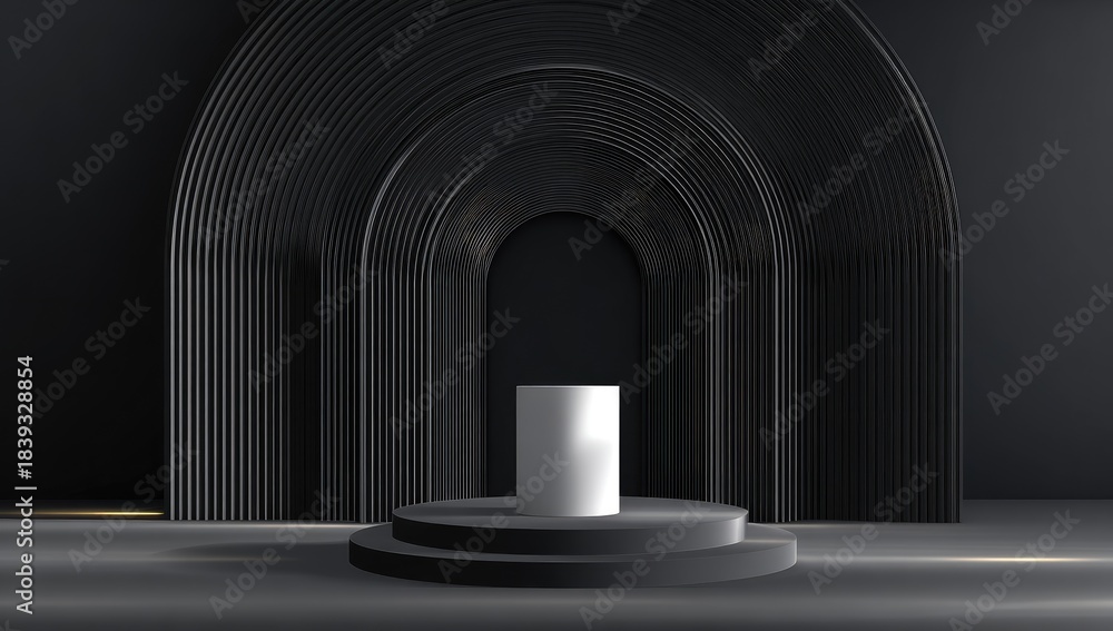 Fototapeta premium Minimalist scene dark arches create depth, spotlighting a white cylinder atop a tiered gray platform