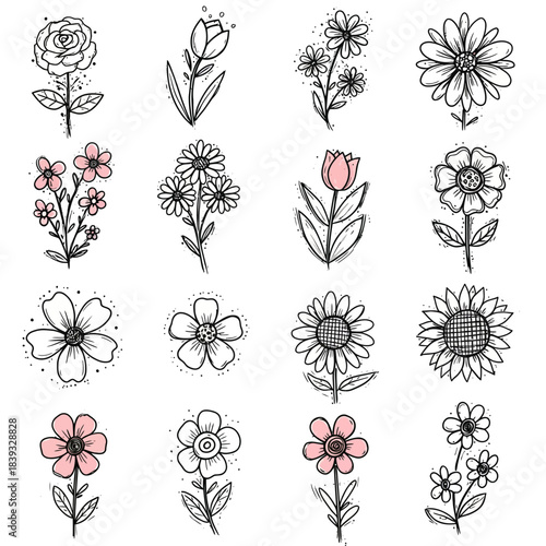 Simple hand-drawn floral doodles Charming vector compilation of sketchy blooming flowers and botanical elements, for delightful nature-inspired designs