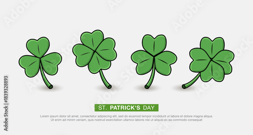 A collection of green clover leaves. A symbol of good luck and the Irish feast of St. Patrick. Shamrock icons with three and four leaves