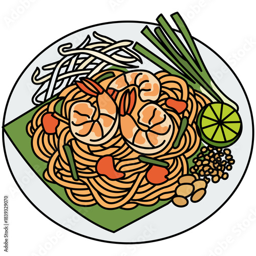 Illustration of Pad Thai with Shrimp
