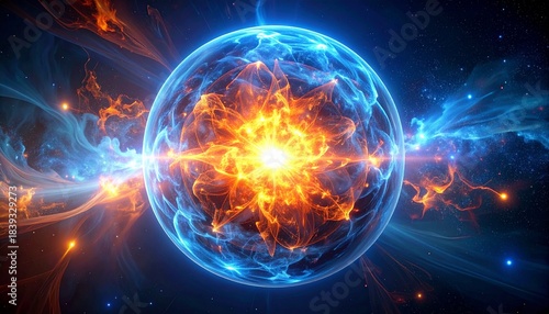 Wallpaper Mural Abstract fusion energy background, radiant spherical core emitting plasma-like light, deep blues and fiery oranges, clean controlled power, soft space-like atmosphere, Torontodigital.ca