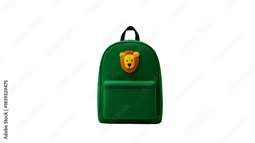 Obraz premium Green backpack lion face patch cute playful children school zipper pocket animal design fun accessory isolated on transparency background
