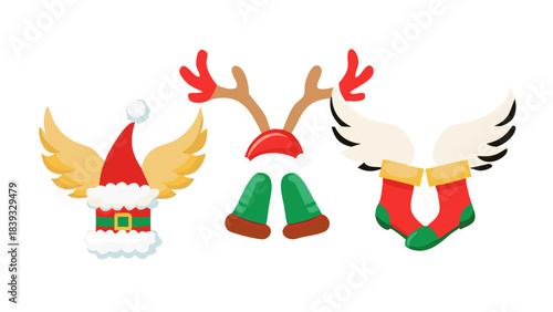 Christmas icon christmas santa hats reindeer antlers elf shoes and angel wings holiday festive season vector illustration vector .icon