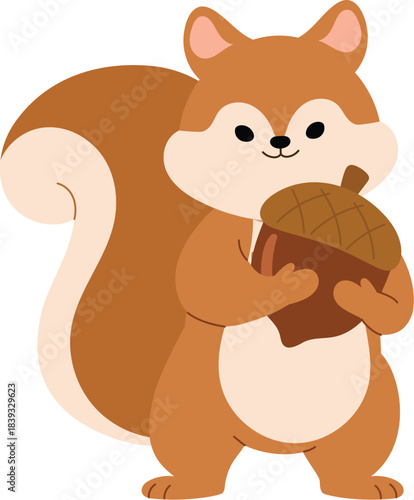 happy squirrel character holding acorn , cute brown rodent animal, funny tiny squirrel illustration