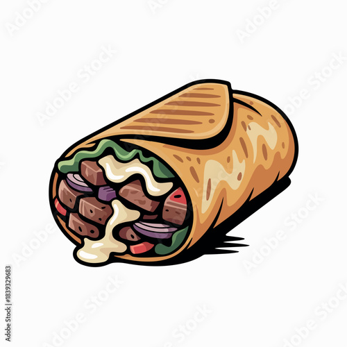illustration, food, cartoon, design, meat, fast, meal, delicious, restaurant, vector, isolated, traditional, wrap, kebab, turkish, dinner, sandwich, shawarma, roll, fast food, burrito, fastfood, 