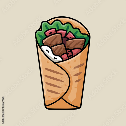 illustration, food, cartoon, design, meat, fast, meal, delicious, restaurant, vector, isolated, traditional, wrap, kebab, turkish, dinner, sandwich, shawarma, roll, fast food, burrito, fastfood, 