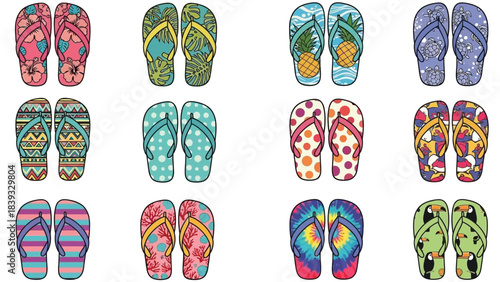 Bright Hand Drawn Flip Flops Collection with Tie Dye and Summer Patterns