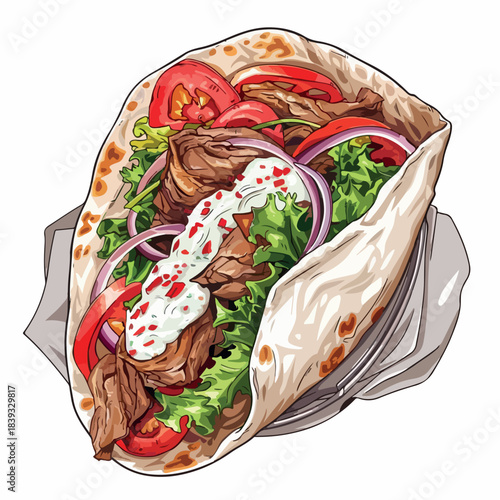 illustration, meat, meal, food, menu, restaurant, lunch, kebab, dinner, sandwich, vector, design, fast, wrap, cartoon, grilled, vegetable, roll, icon, turkish, background, burrito, salad, fresh, fast 