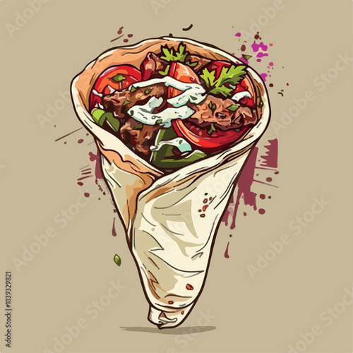 illustration, meat, meal, food, menu, restaurant, lunch, kebab, dinner, sandwich, vector, design, fast, wrap, cartoon, grilled, vegetable, roll, icon, turkish, background, burrito, salad, fresh, fast 